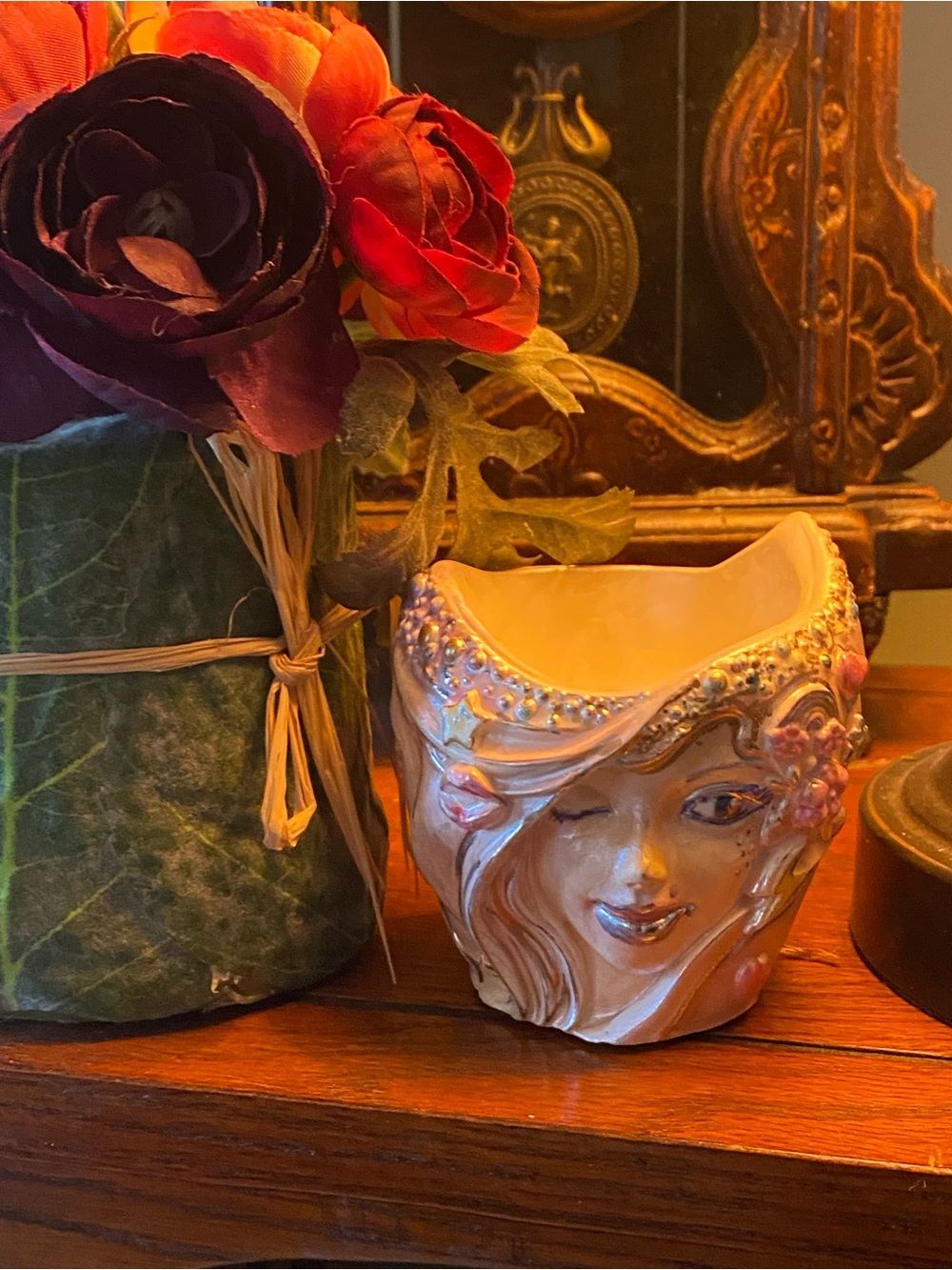 Hand Crafted Pink Iridescent Ceramic Mermaid Vanity Container